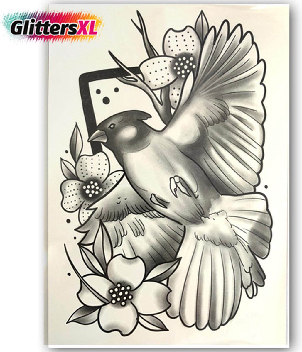 GlittersXL - Temporary Tattoo Vogel (A5 formaat) [Neptattoo - Tijdelijke tatoeage - Nep Fake Tattoos - Water overdraagbare festival sticker henna outfit tattoo - Glitter tattoo - Volwassenen Kinderen Jongen Meisje]